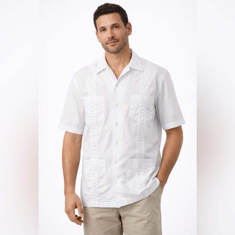 Massimo USA Men’s size L White Guayabera Shirt Short Sleeve Button Up(A211)&✨